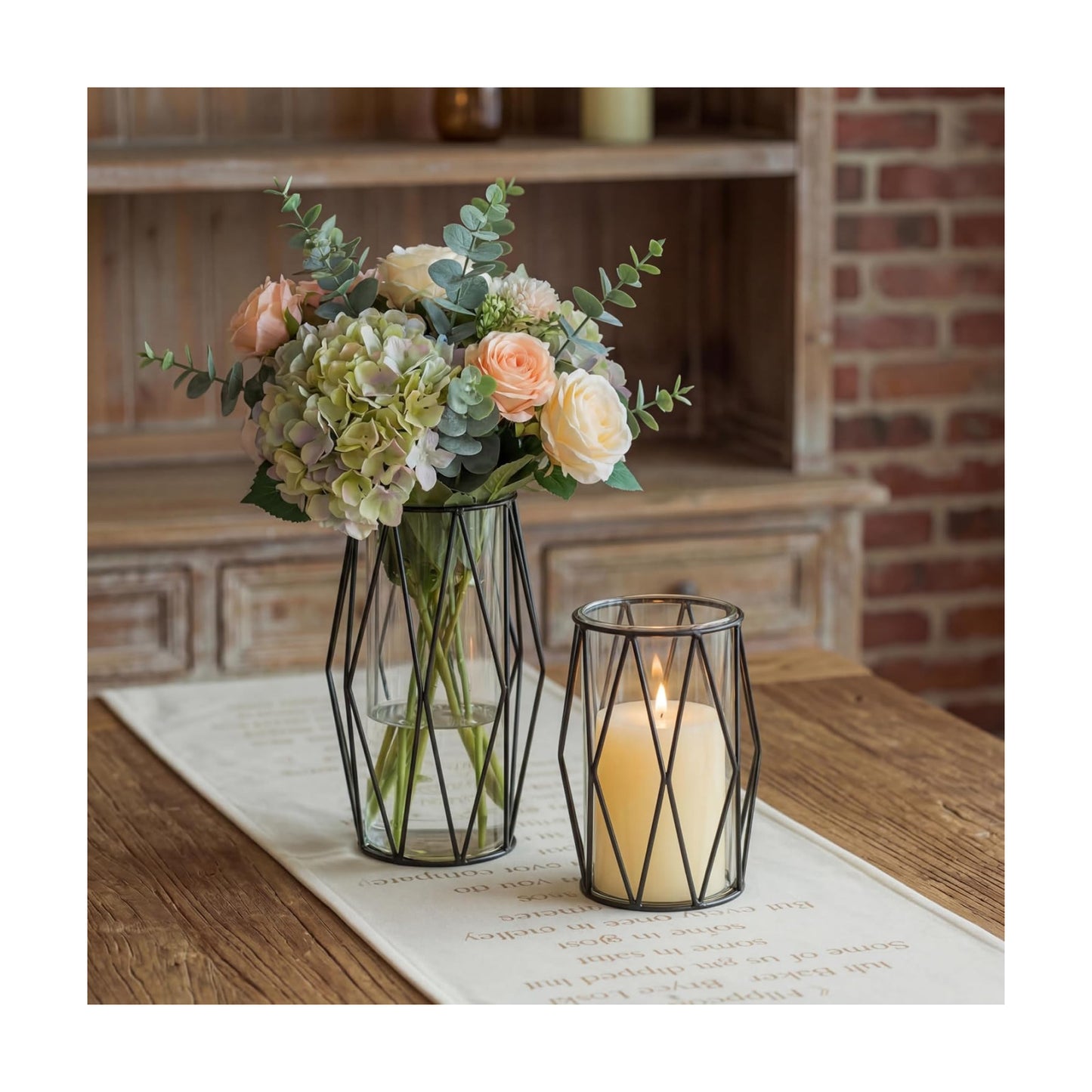 NUPTIO Black Geometric Hurricane Glass Candle Holders, Set of 2 | 2 Graduated Diamond Frames, Clear Cylinder Vases, for