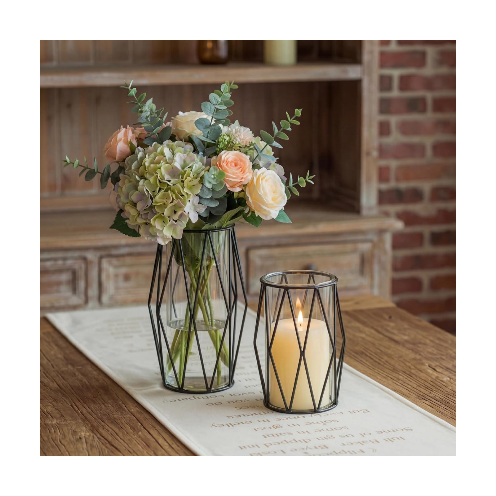 NUPTIO Black Geometric Hurricane Glass Candle Holders, Set of 2 | 2 Graduated Diamond Frames, Clear Cylinder Vases, for