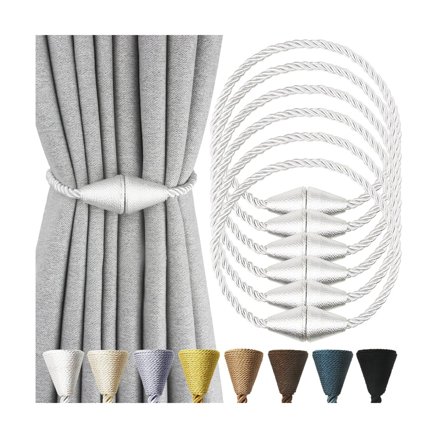 Magnetic Curtain Tiebacks Rope Decorative Holdbacks for Drapes Nieffeiy | 6 Pack White Modern Handmade Curtain Tie