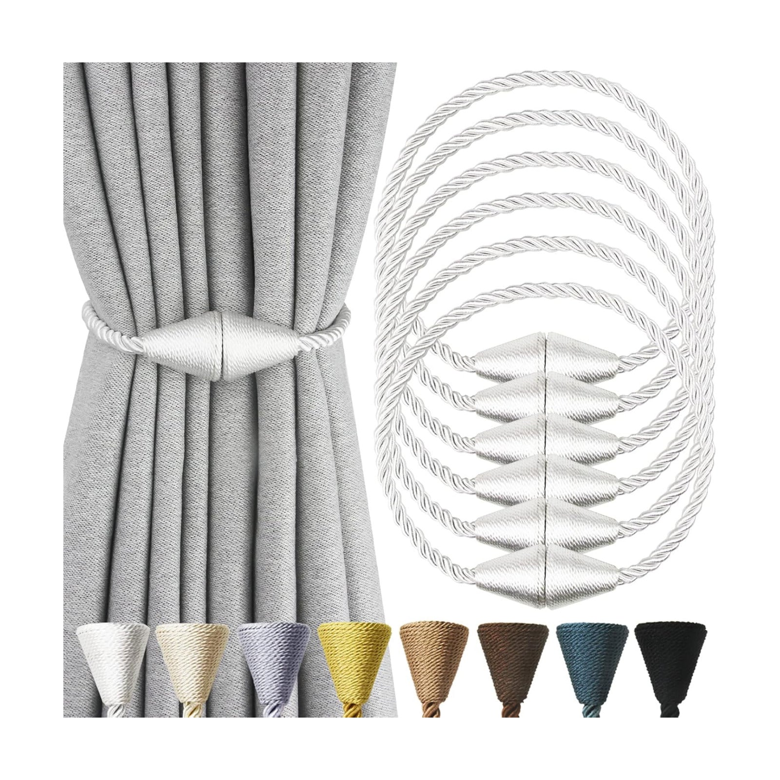 Magnetic Curtain Tiebacks Rope Decorative Holdbacks for Drapes Nieffeiy | 6 Pack White Modern Handmade Curtain Tie
