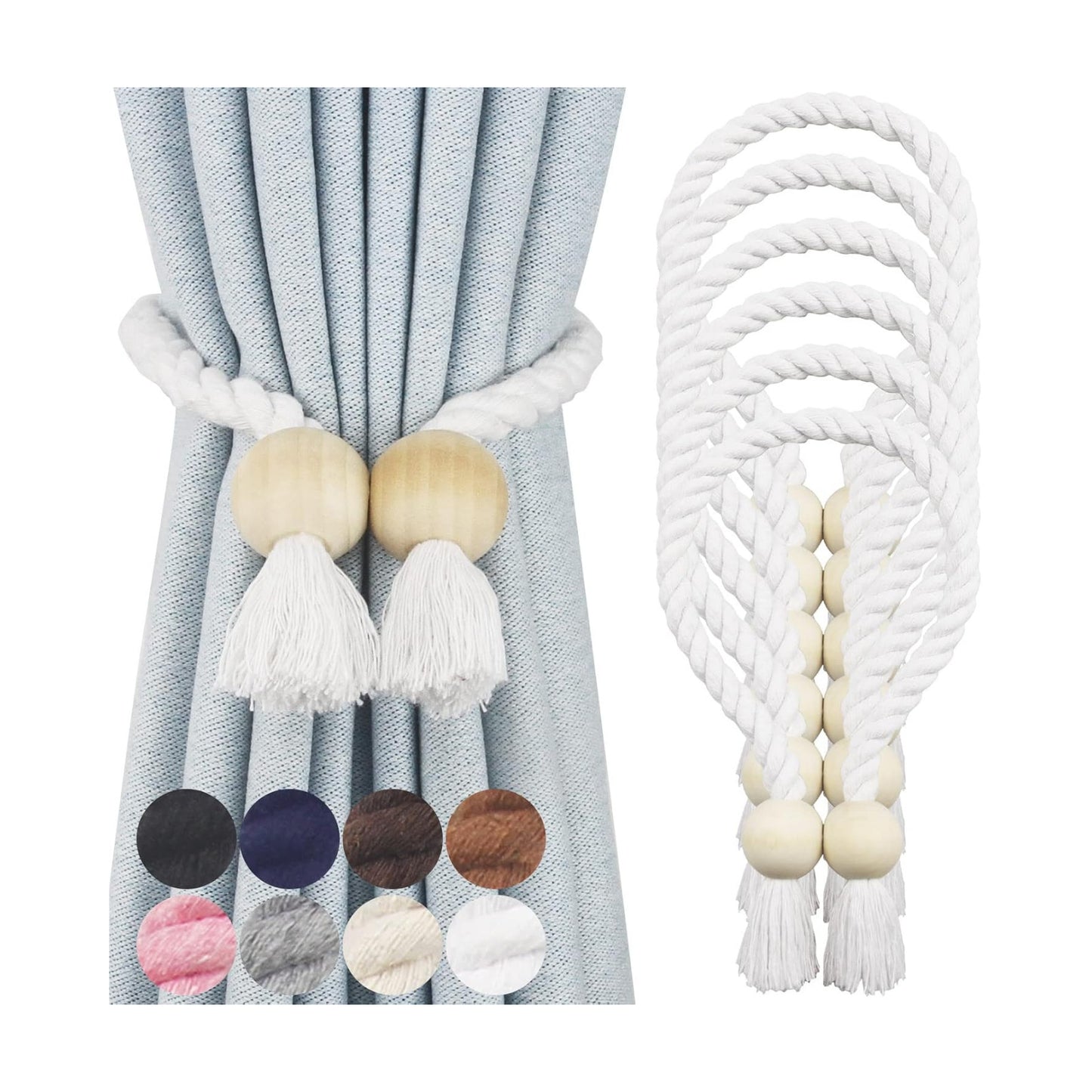Magnetic Curtain Tiebacks Decorative Tie Back Drapes Holdbacks Nieffeiy | 6 Pack White Cotton Hand Woven Rope Curtain