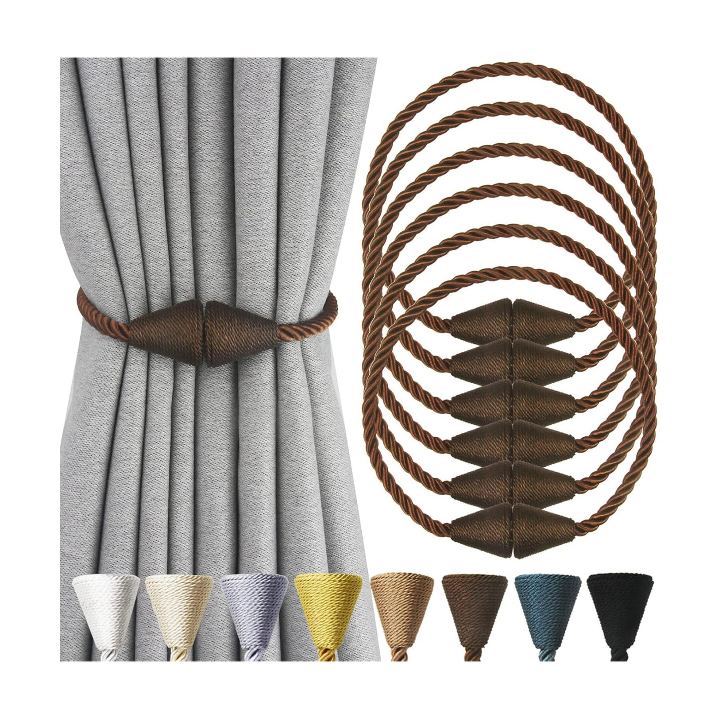 Magnetic Curtain Tiebacks Rope Decorative Holdbacks for Drapes Nieffeiy | 6 Pack Coffee Modern Handmade Curtain Tie
