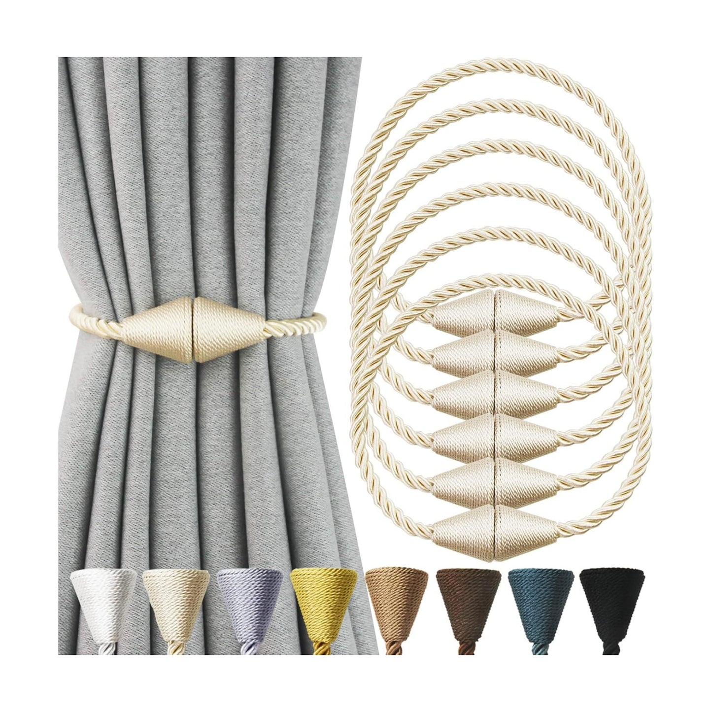 Magnetic Curtain Tiebacks Rope Decorative Holdbacks for Drapes Nieffeiy | 6 Pack Beige Modern Handmade Curtain Tie
