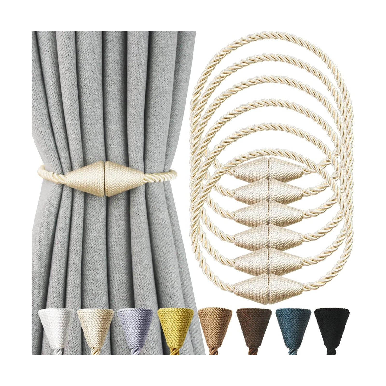 Magnetic Curtain Tiebacks Rope Decorative Holdbacks for Drapes Nieffeiy | 6 Pack Beige Modern Handmade Curtain Tie