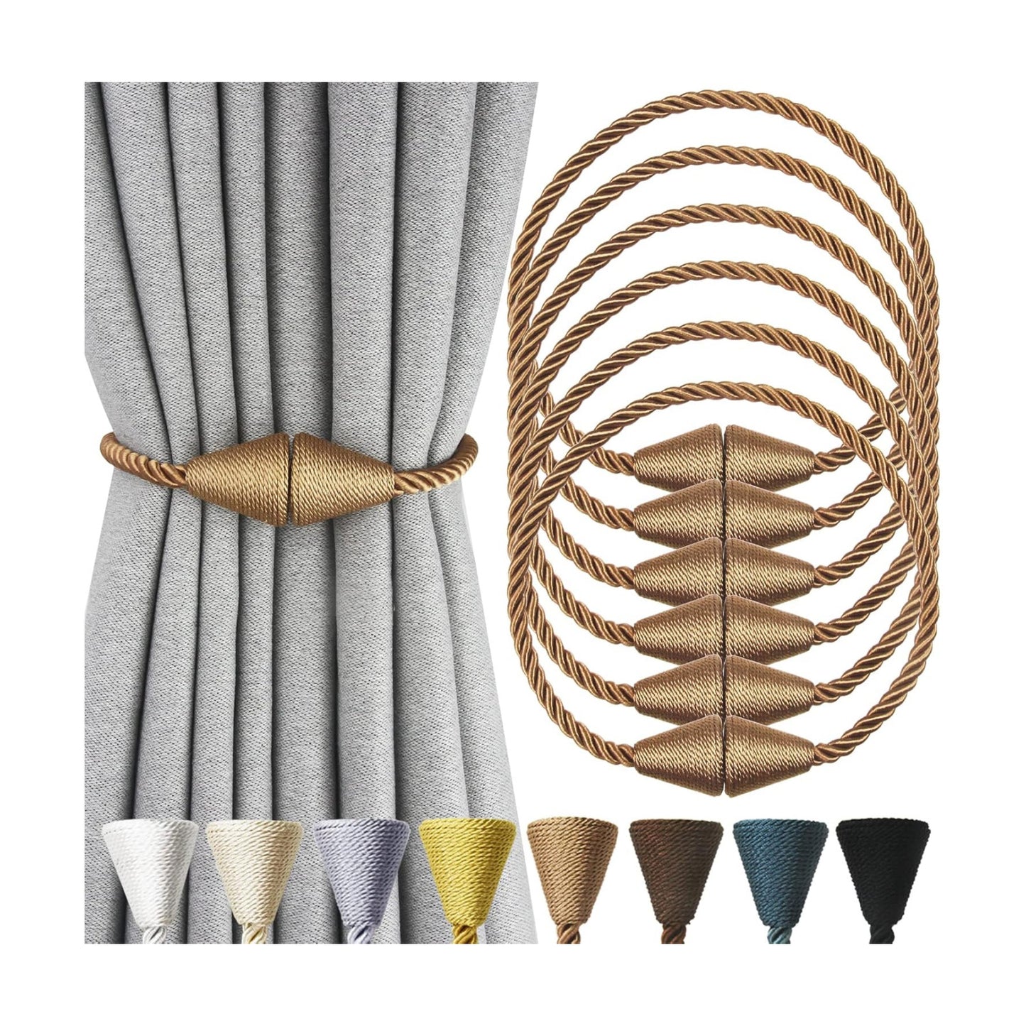 6 Pack Magnetic Curtain Tiebacks Rope Modern Handmade Curtain Tie Backs Decorative Drapes Weave Holdbacks for Window