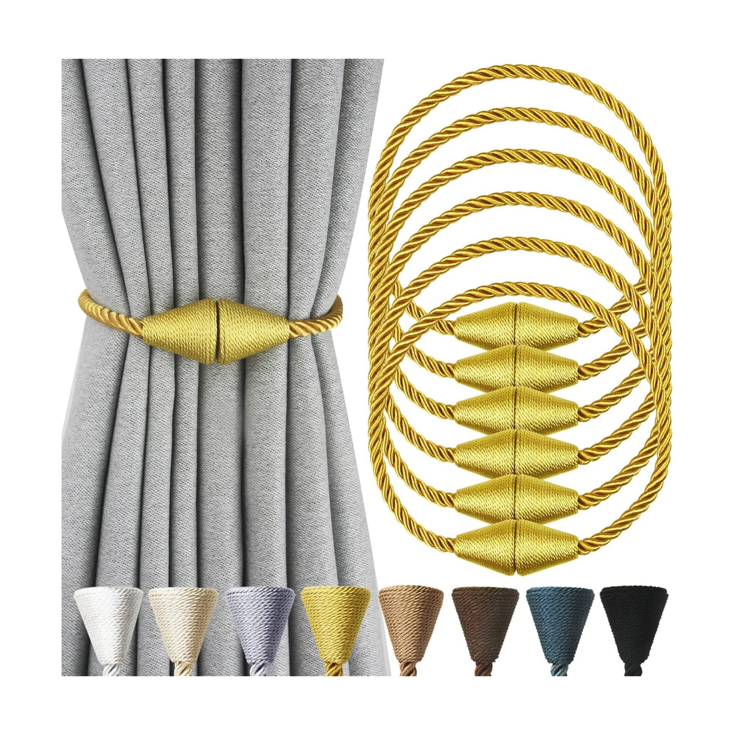 Magnetic Curtain Tiebacks Rope Decorative Holdbacks for Drapes Nieffeiy | 6 Pack Gold Modern Handmade Curtain Tie Backs