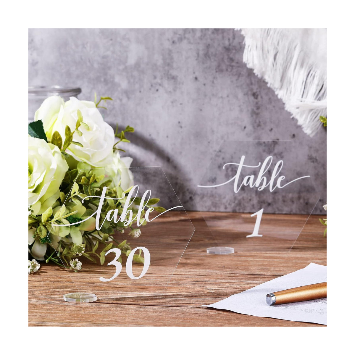 30 Pieces Acrylic Table Numbers 1-30 for Wedding Reception Clear Table Number Signs 1-30 with Stand Hexagonal Rectangle