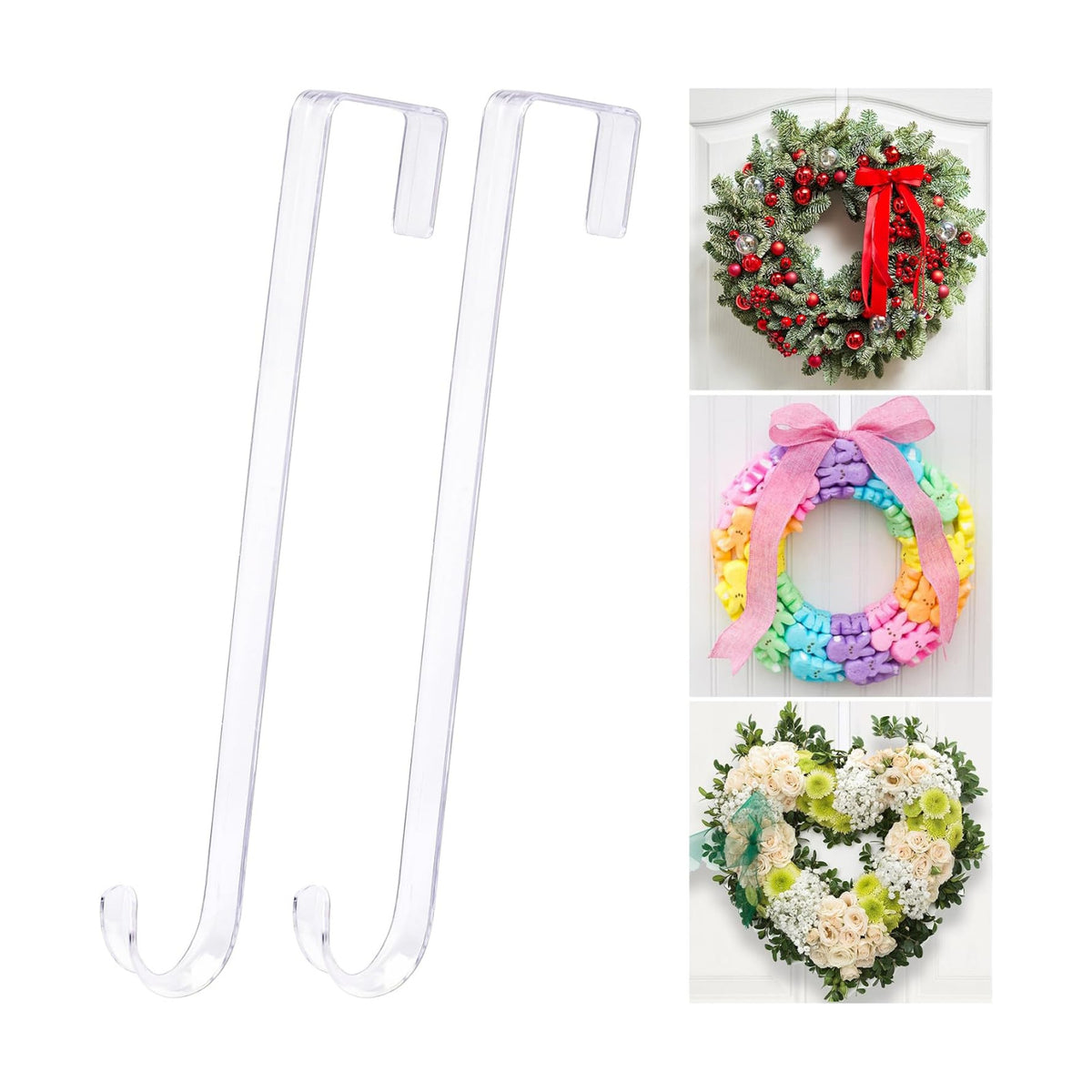 12" Clear Wreath Hangers for Front Door, 2 Pack Over Door Hooks Non-Scratch