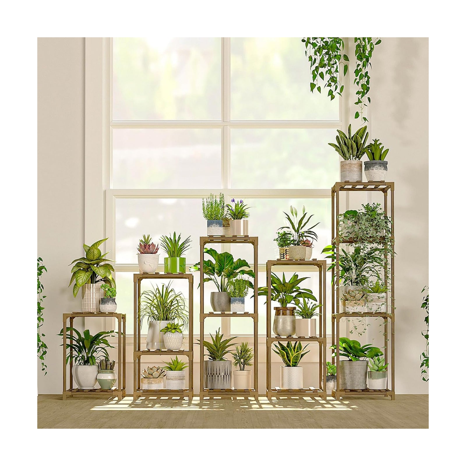 Bamworld Plant Stands Indoor 5 Sets Plant Shelves Outdoor | Wooden Plant Holder for Multiple Plants Flower Stands for