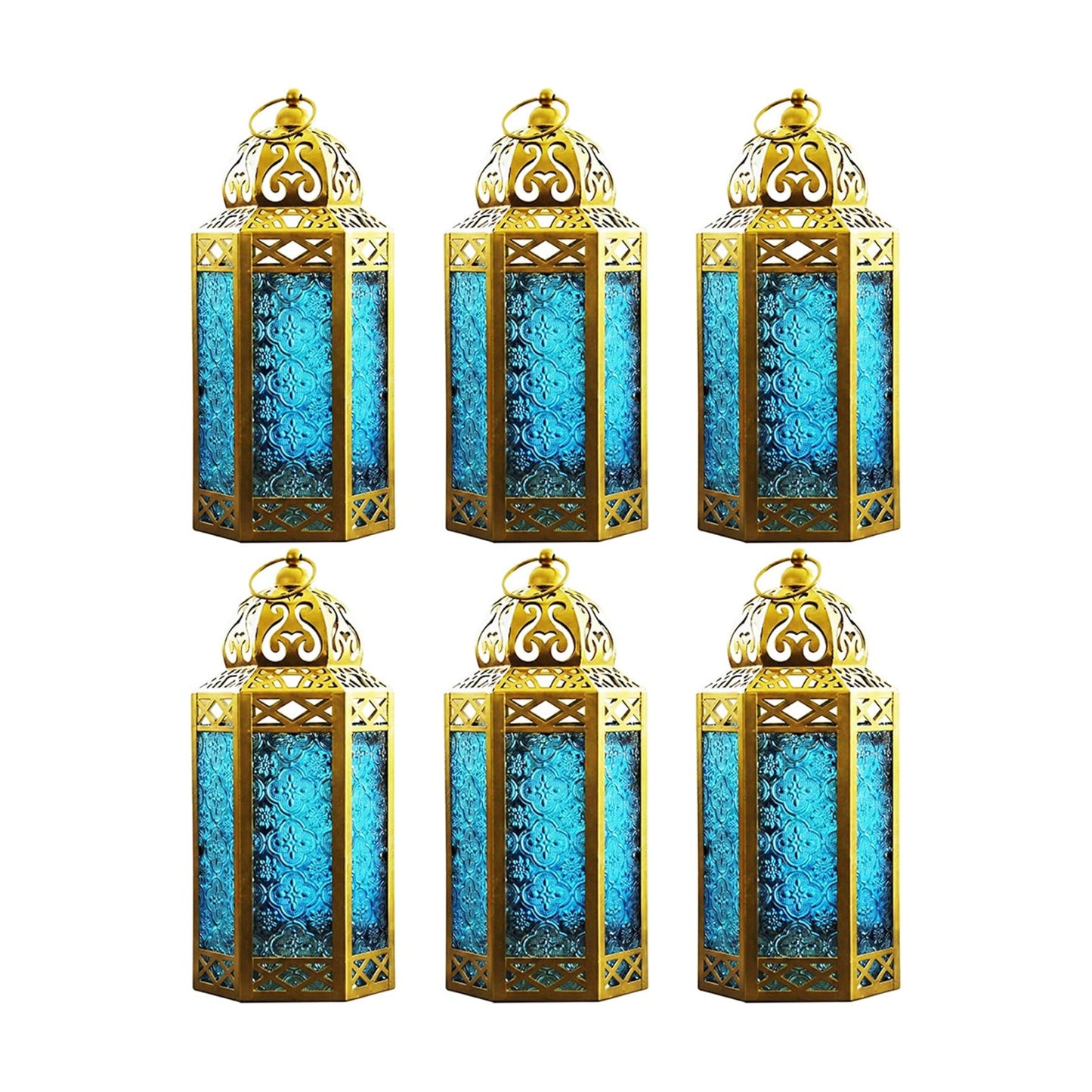 VELA LANTERNS 6-Pack Gold Metal Moroccan Decorative Candle Lantern Holder for Hanging or Table Centerpieces, Exotic
