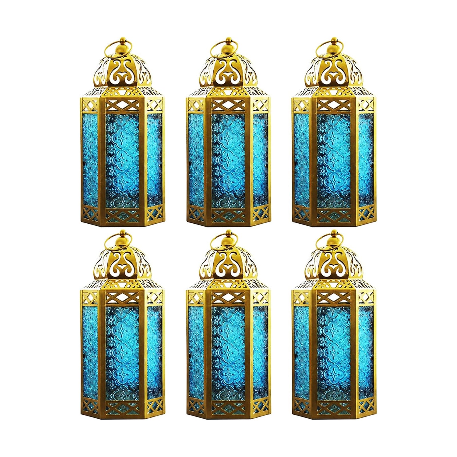 VELA LANTERNS 6-Pack Gold Metal Moroccan Decorative Candle Lantern Holder for Hanging or Table Centerpieces, Exotic