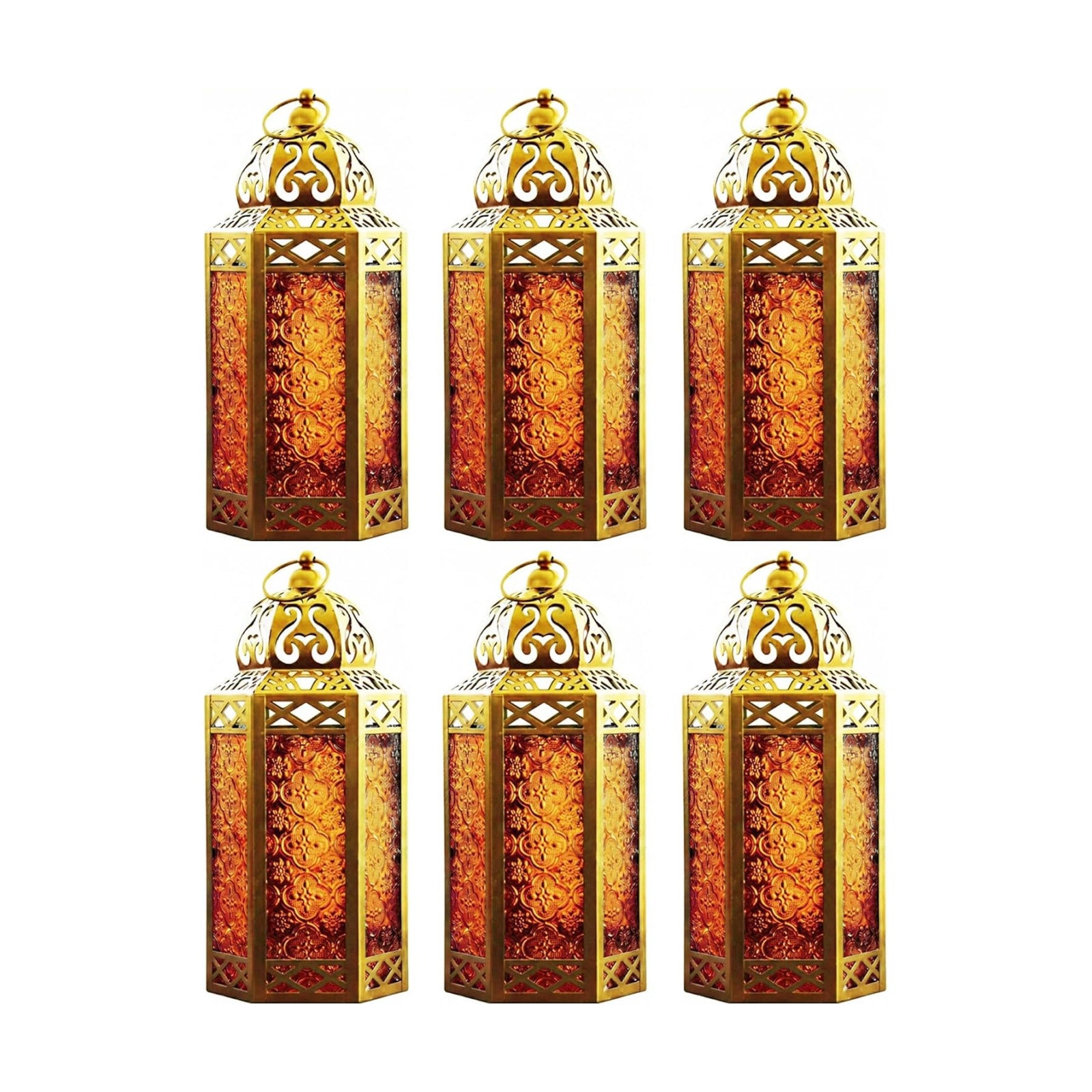 VELA LANTERNS 6-Pack Gold Metal Moroccan Decorative Candle Lantern Holder for Hanging or Table Centerpieces, Exotic