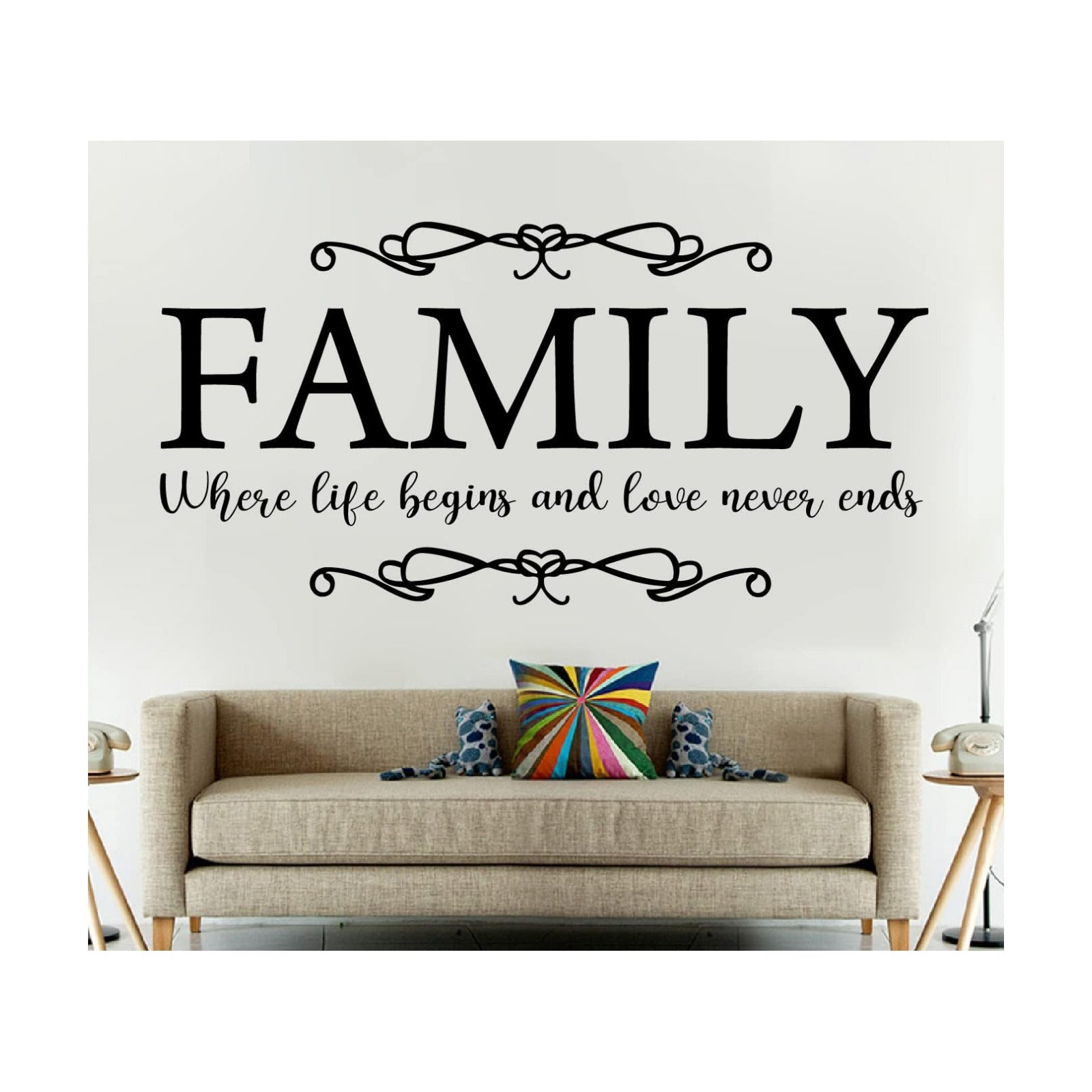 Family Quote Design Life and Love Wall Decor Sticker Mural / 90 x 45 / Medium Cm / Black