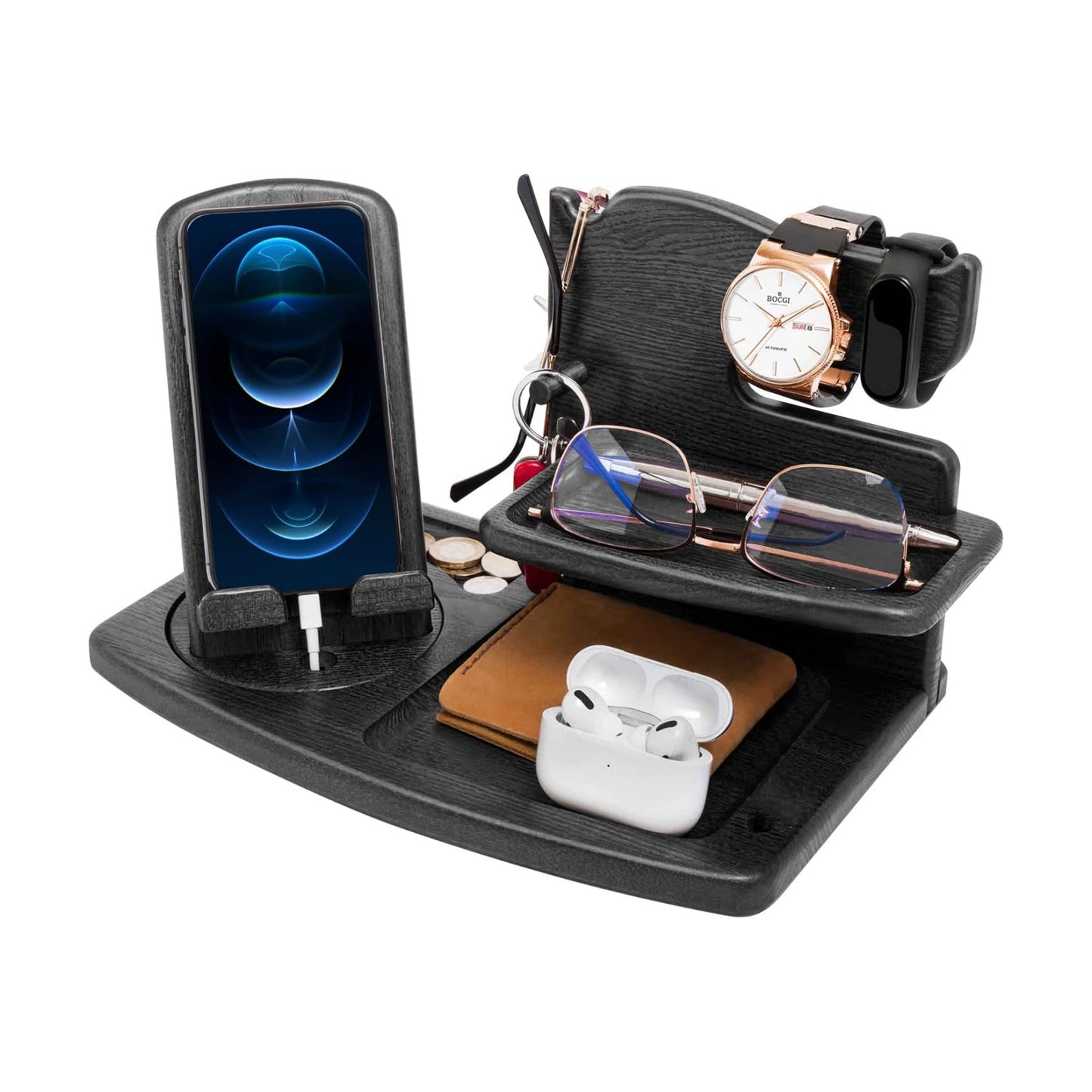 Gifts for Men, Fathers Day Wood Phone Docking Station for Dad, Desk or Nightstand Organizer, Mens Gifts for Husband