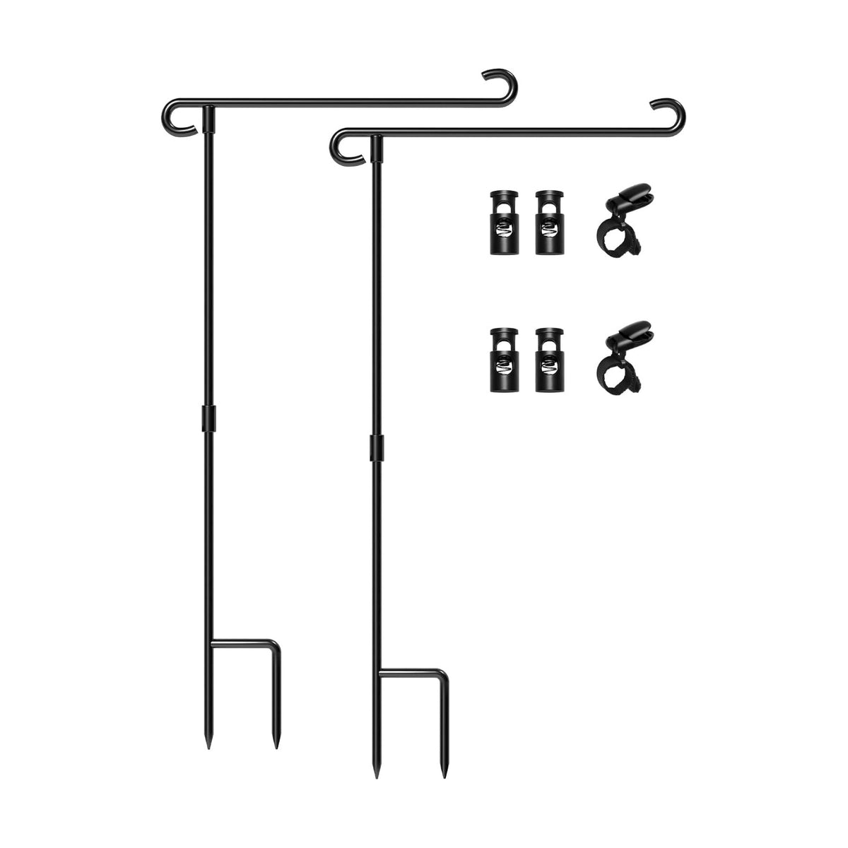 HOOSUN Garden Flag Stand Holder Pole Easy to Install Strong Sturdy Wrought Iron Fits 12.5" x 18" Mini Flag with 1 Tiger Clip Curved Hook with S Type 2 Pack