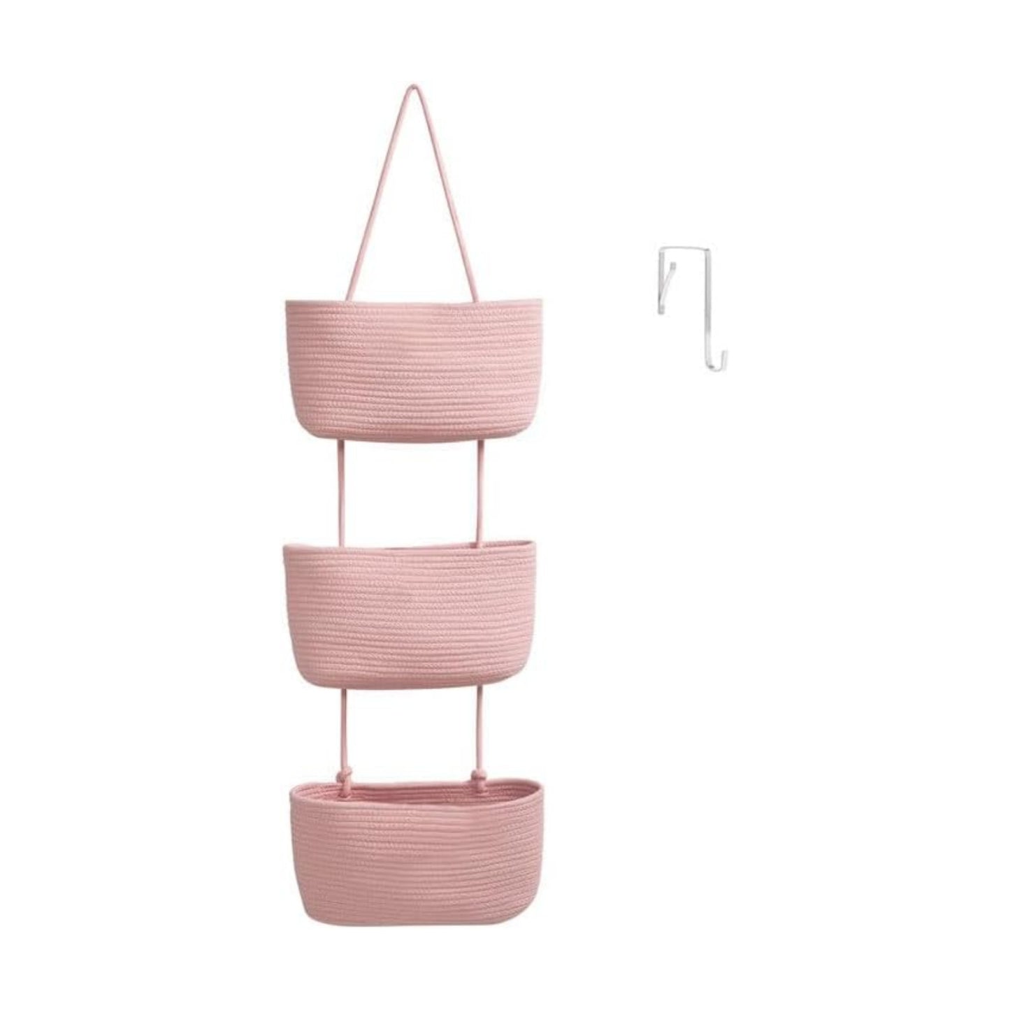 3-Tier Woven Cotton Wall-Mounted Storage Organizer Bag Decorative Hanging Nursery / Pink