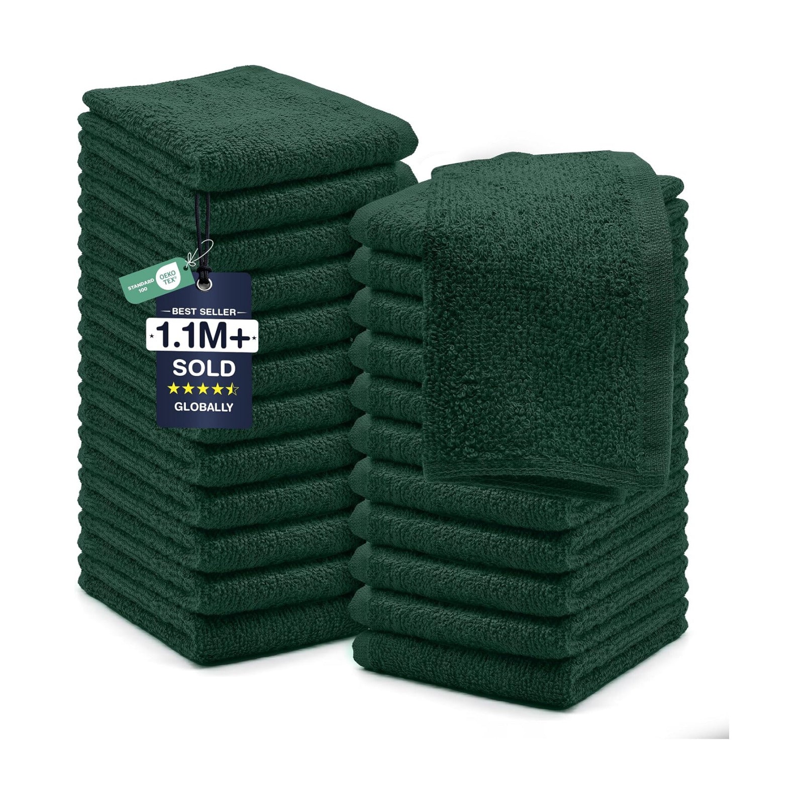 DAN RIVER 24 Pack Cotton Wash Cloths Set for Showering [12x12] Huntergreen | Lighter Weight, Quick to Dry, Super Soft &