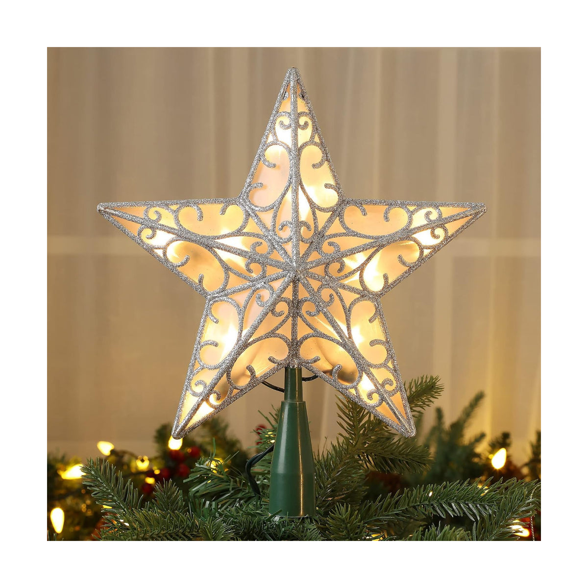 ODEETRONIC Silver 3D Christmas Star Tree Topper, 9.5" Double Sided Lighted