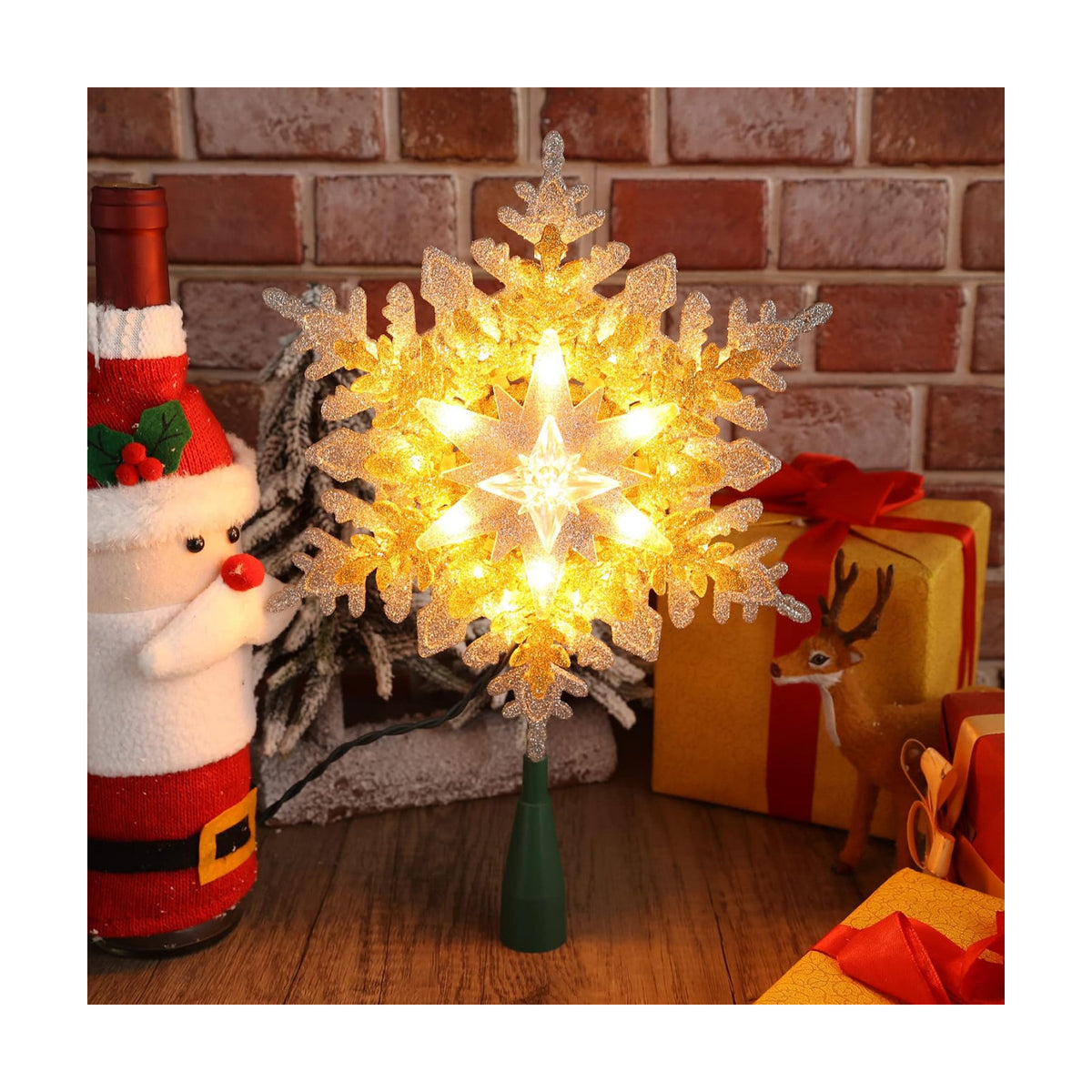 Brizled Christmas Tree Topper, 9.25" Snowflake Xmas Tree Top with Lights