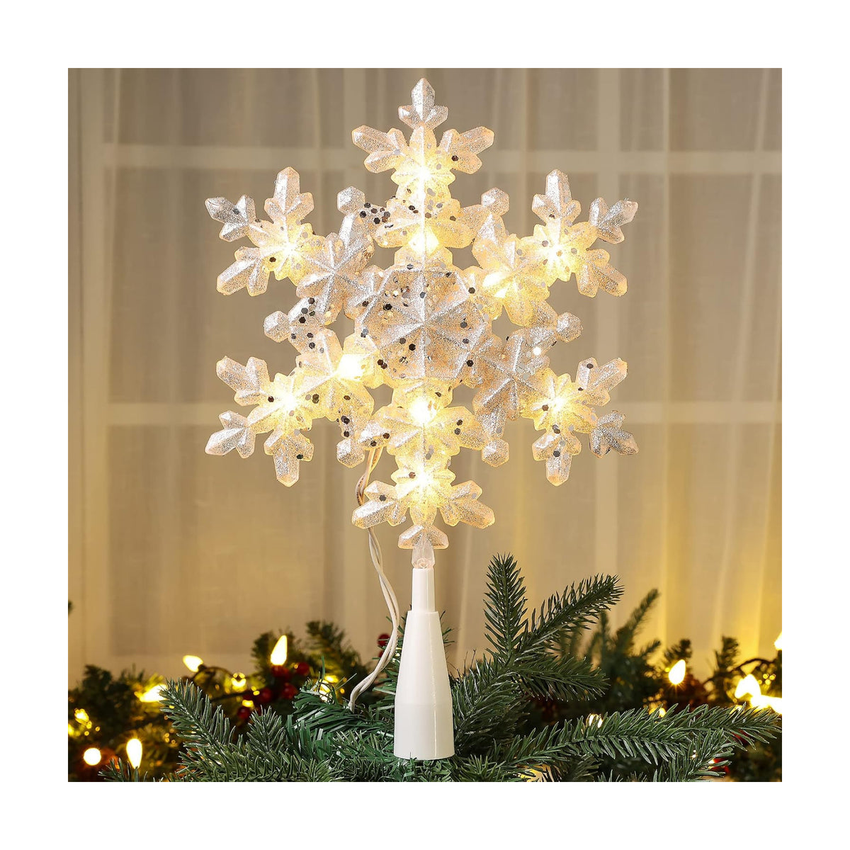 Brizled Silver Christmas Tree Topper, 9" Snowflake Tree Star with 10 Lights