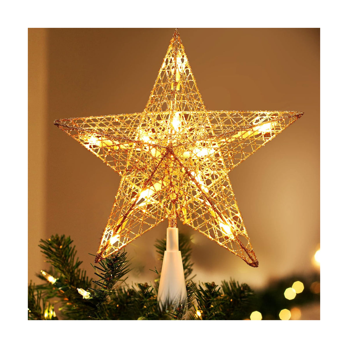 Brizled Gold Christmas Tree Topper, 9“ Hollow-Out Xmas Star with 10 Lights