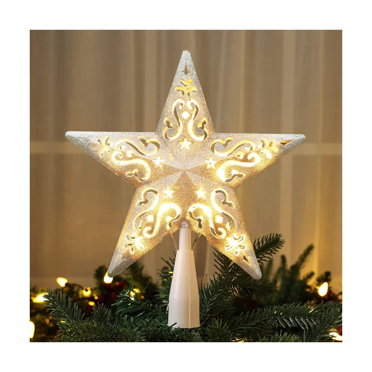 Brizled Christmas Tree Topper with 10 Warm Lights, 8" Silver Star Tree top