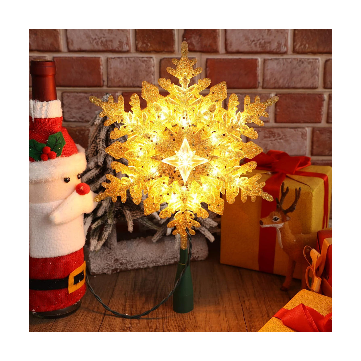 Brizled Lighted Tree Topper with Light, 9.25’’ Snowflake Christmas Tree Top