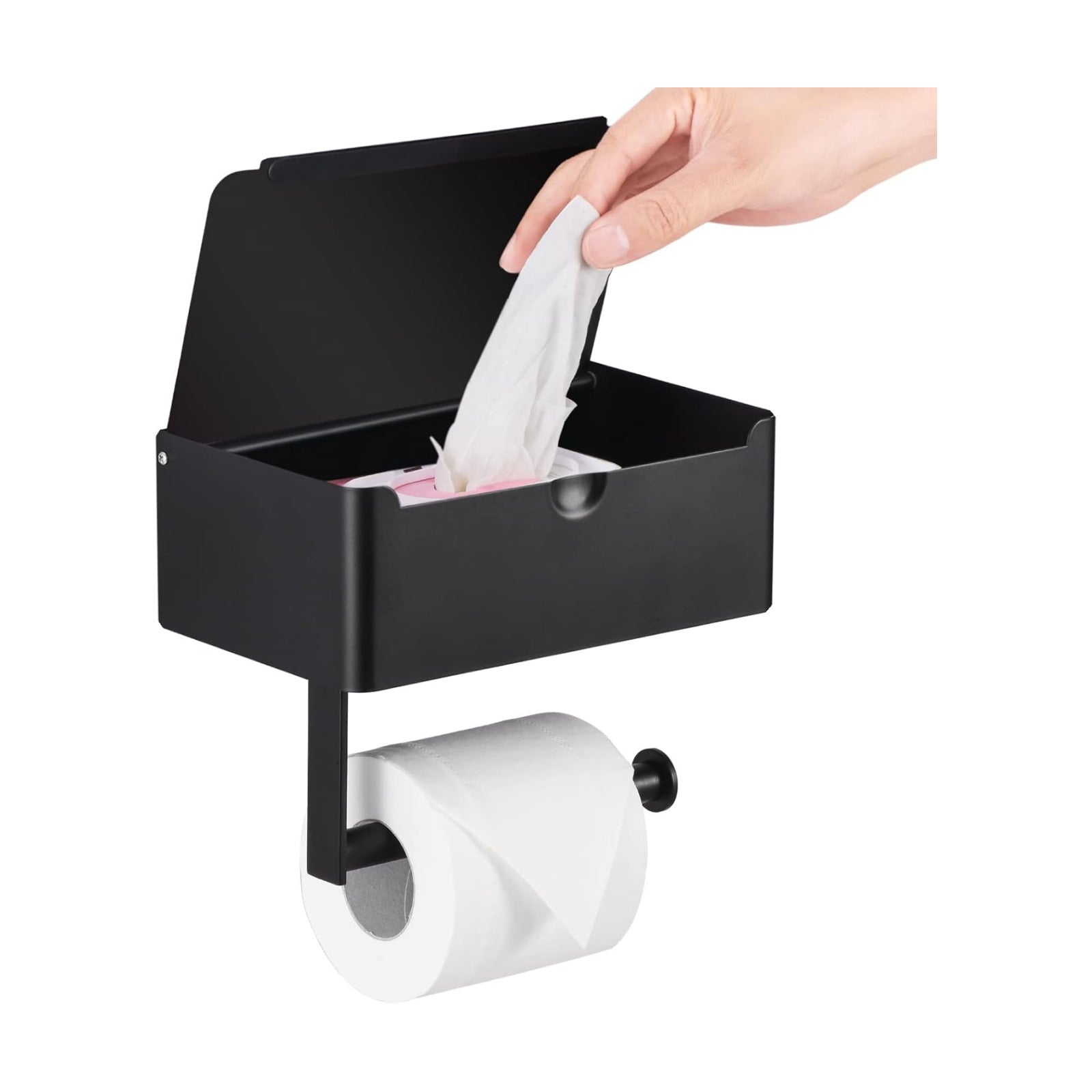 LAYUKI Toilet Paper Holder with Shelf, Wipe Holder for Bathroom, Large, Stainless Steel, Wall Mounted, Matt Black
