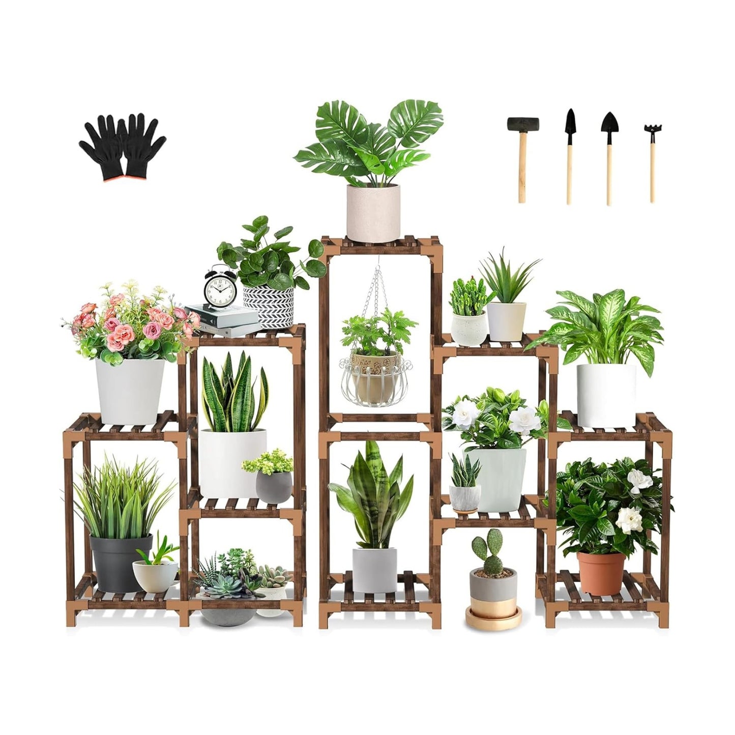 Plant Stand Indoor Outdoor, 10 Tiered Plant Shelf Wood Plant Rack | Tall Plant Holder for Multiple Plants, Combination