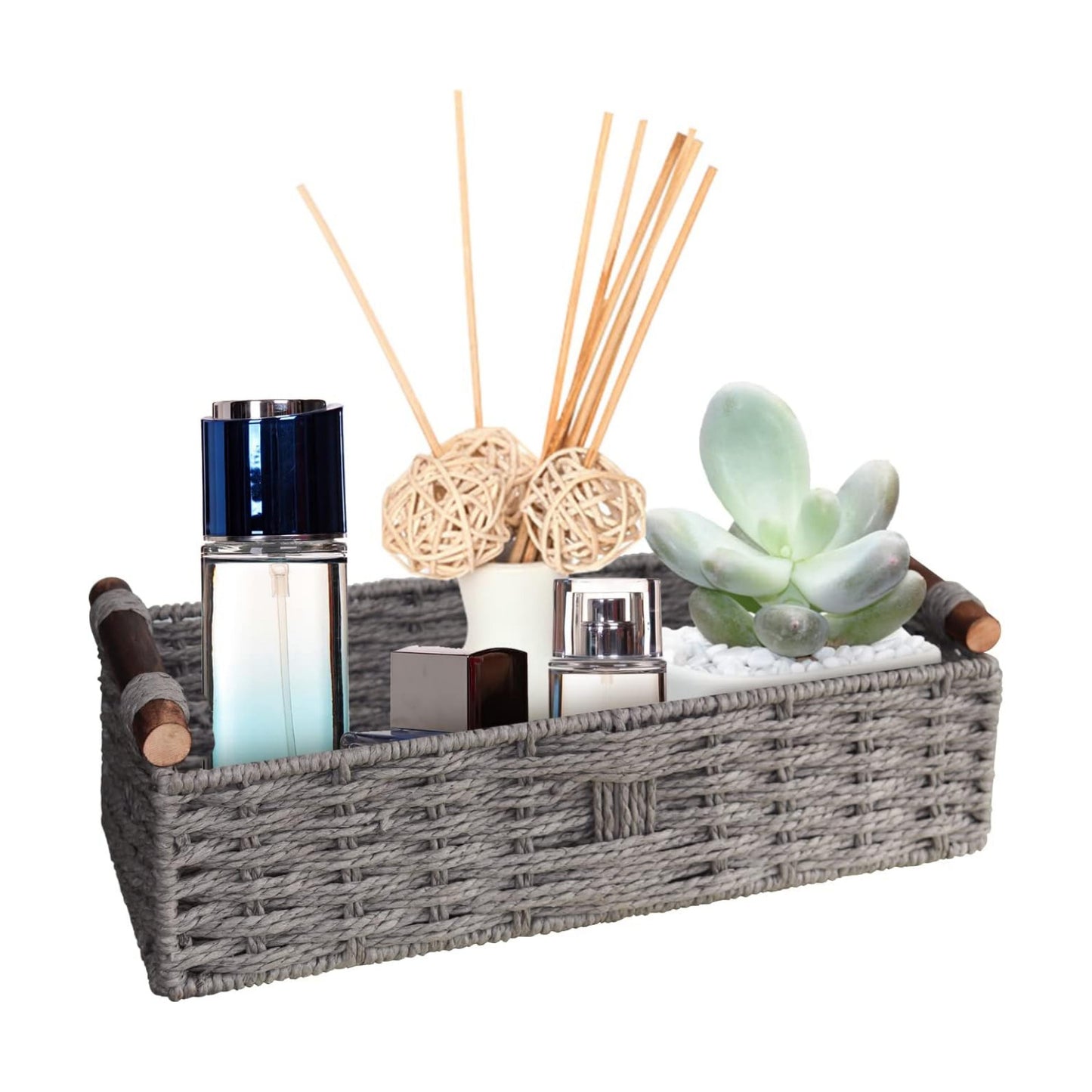 Round Paper Rope Storage Basket Wicker Baskets for Organizing / Grey