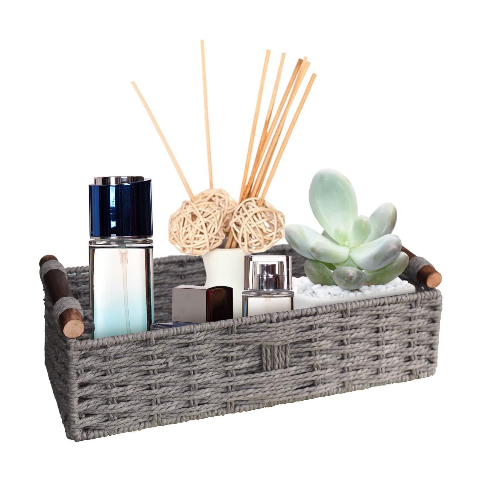 Round Paper Rope Storage Basket Wicker Baskets for Organizing / Grey