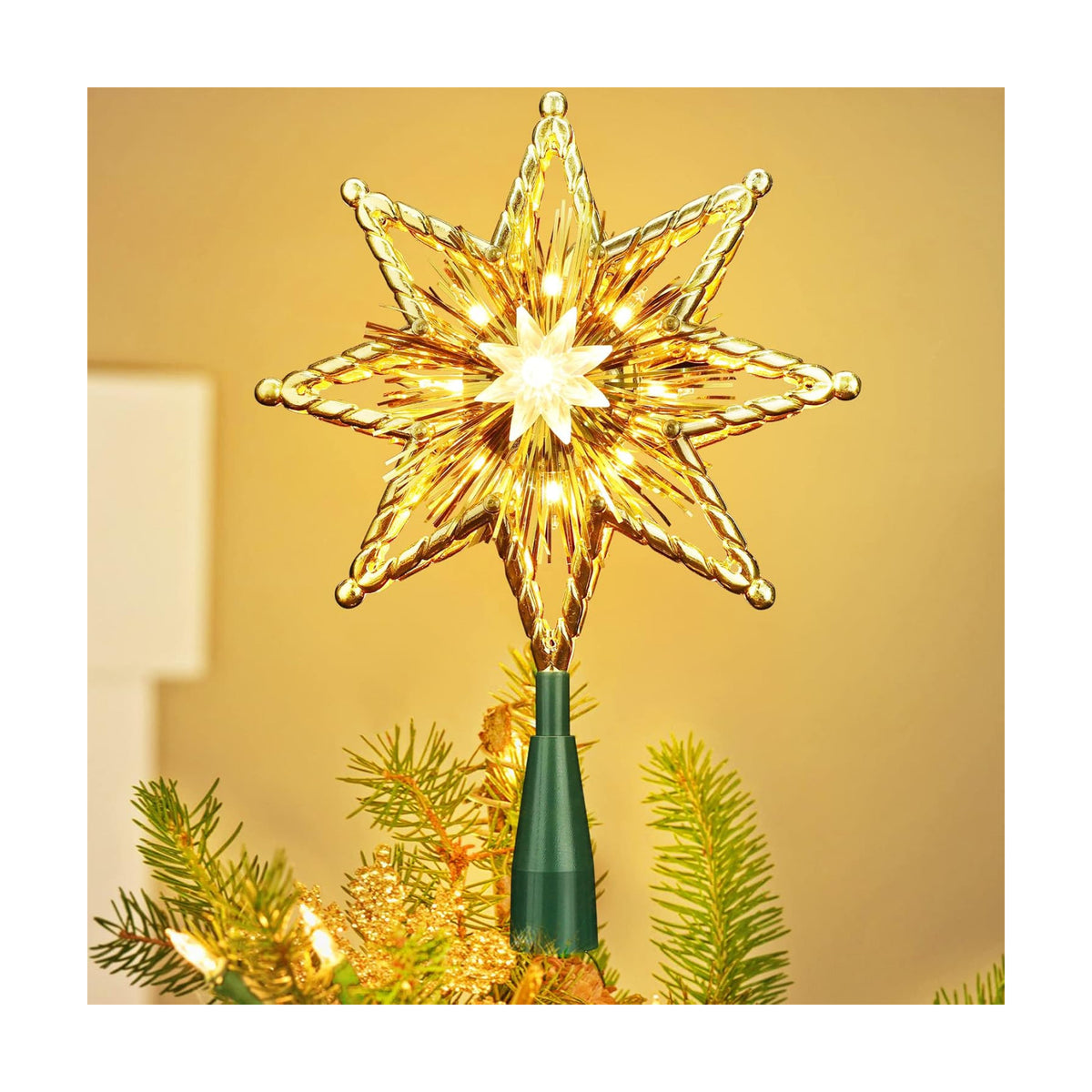 ODEETRONIC Christmas Star Tree Topper, 8 in 120V UL Certified Double Sided 8-Point Star Christmas Treetop Lights, Indoor Lighted Xmas Treetop for Bedroom Home Party Wedding Decor, Gold, Warm White