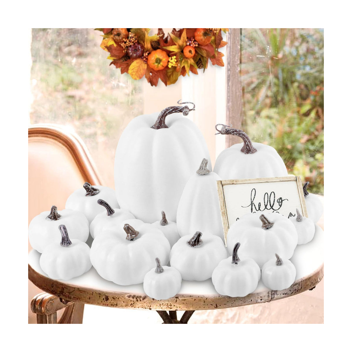 Ywlake 16 pcs Pumpkin Fall Decorations, Decorative Large Small Outdoor White Foam Plastic Fake Faux Artificial Pumpkins for Halloween Autumn Harvest Festival Home Table Decor