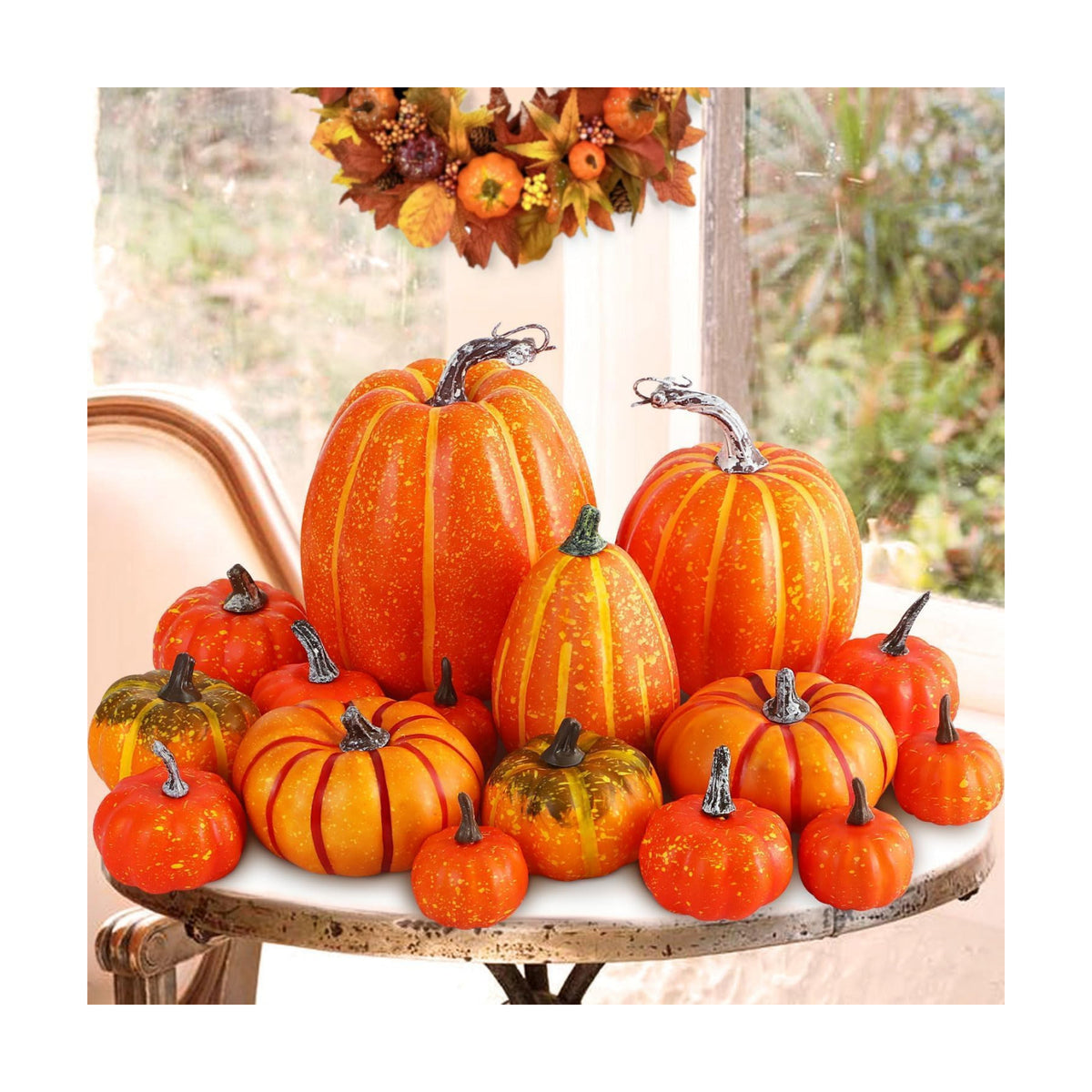 Ywlake 16 Pcs Pumpkin Fall Decorations, Decorative Large Small Outdoor Orange Foam Plastic Fake Faux Artificial Pumpkins for Halloween Autumn Harvest Festival Home Table Decor