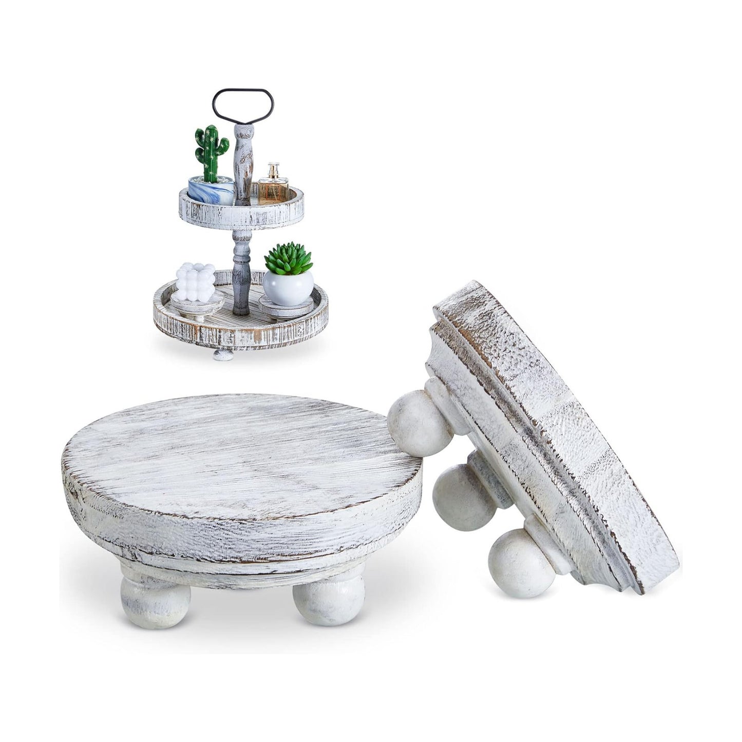 Mini Wood Risers for Decor Round Wooden Riser Small Wooden Stool Display Stand / White / Set of 2