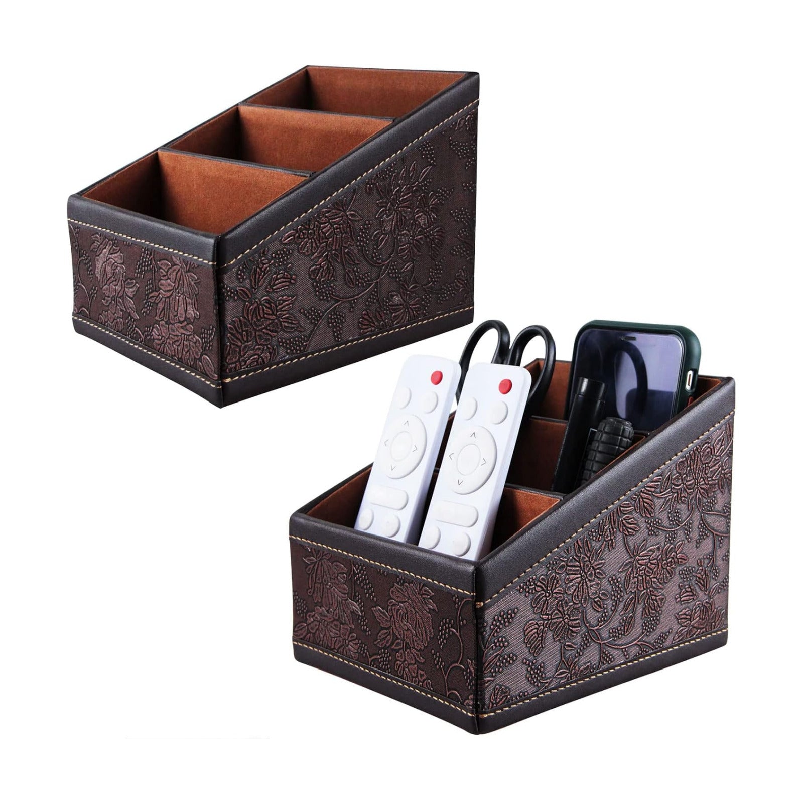 PU Leather Remote Control Holder Storage Container for TV Remote / 2packbrown / Brown / Set of 2