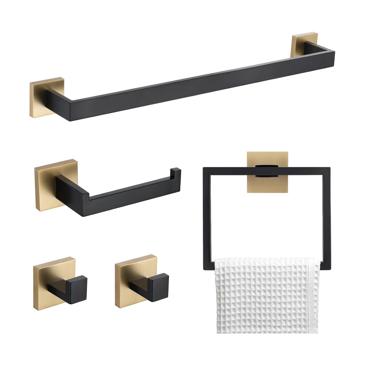 5 Pieces Bathroom Hardware Accessories Set Black and Gold Towel Bar Set,Wall Mounted Stainless Steel,23.6 Inch