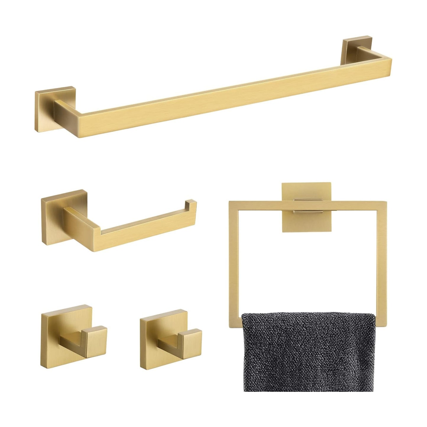 Brushed Gold Towel Bar Set Bathroom Hardware Set, 5 Pieces Gold Bathroom Accessories Set Stainless Steel Wall Mounted