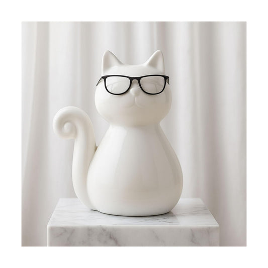 Ceramic Cat Figurine Sculpture / 8.0" H / White