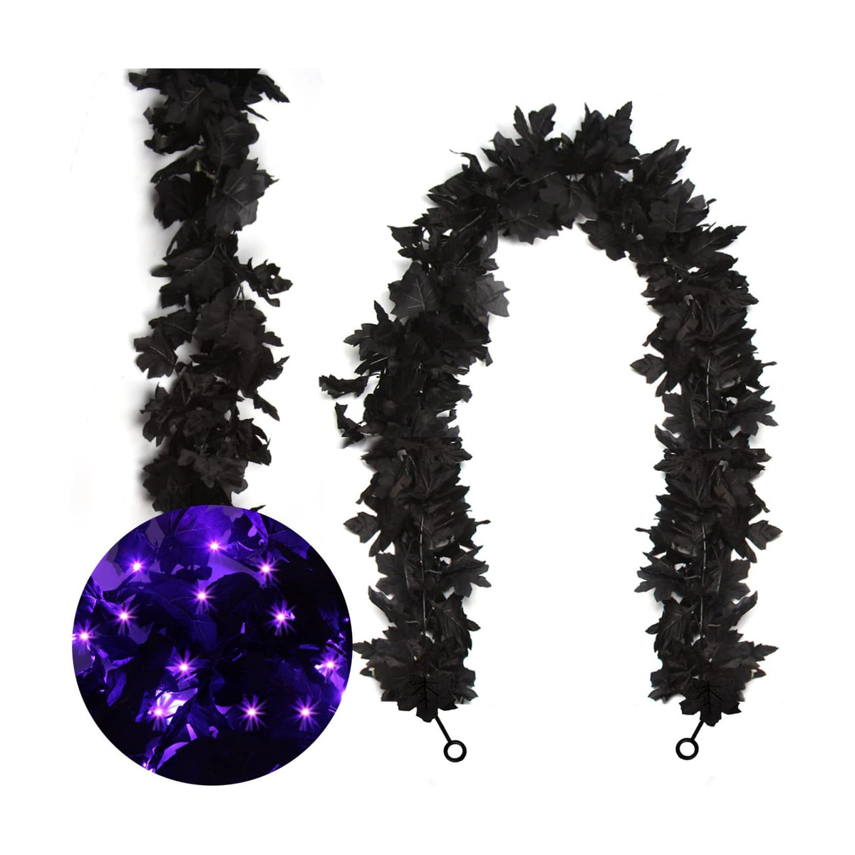 FOIMAS Halloween Maple Garland,2pcs Black Maple Leaves Garland with Lights for Halloween Mantle Fireplace Tree Decoration
