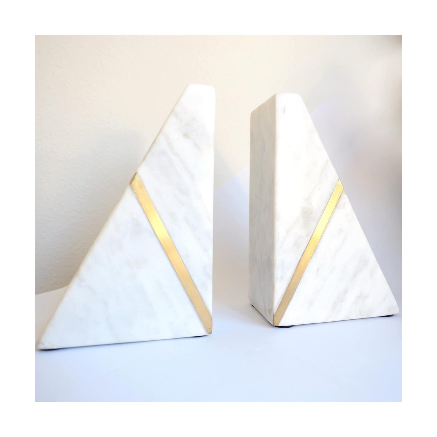 Marble Bookends Handcrafted Heavy Marble Triangular Bookshelf Decor Brass Inlay Set of 2 Decorative Bookends Book