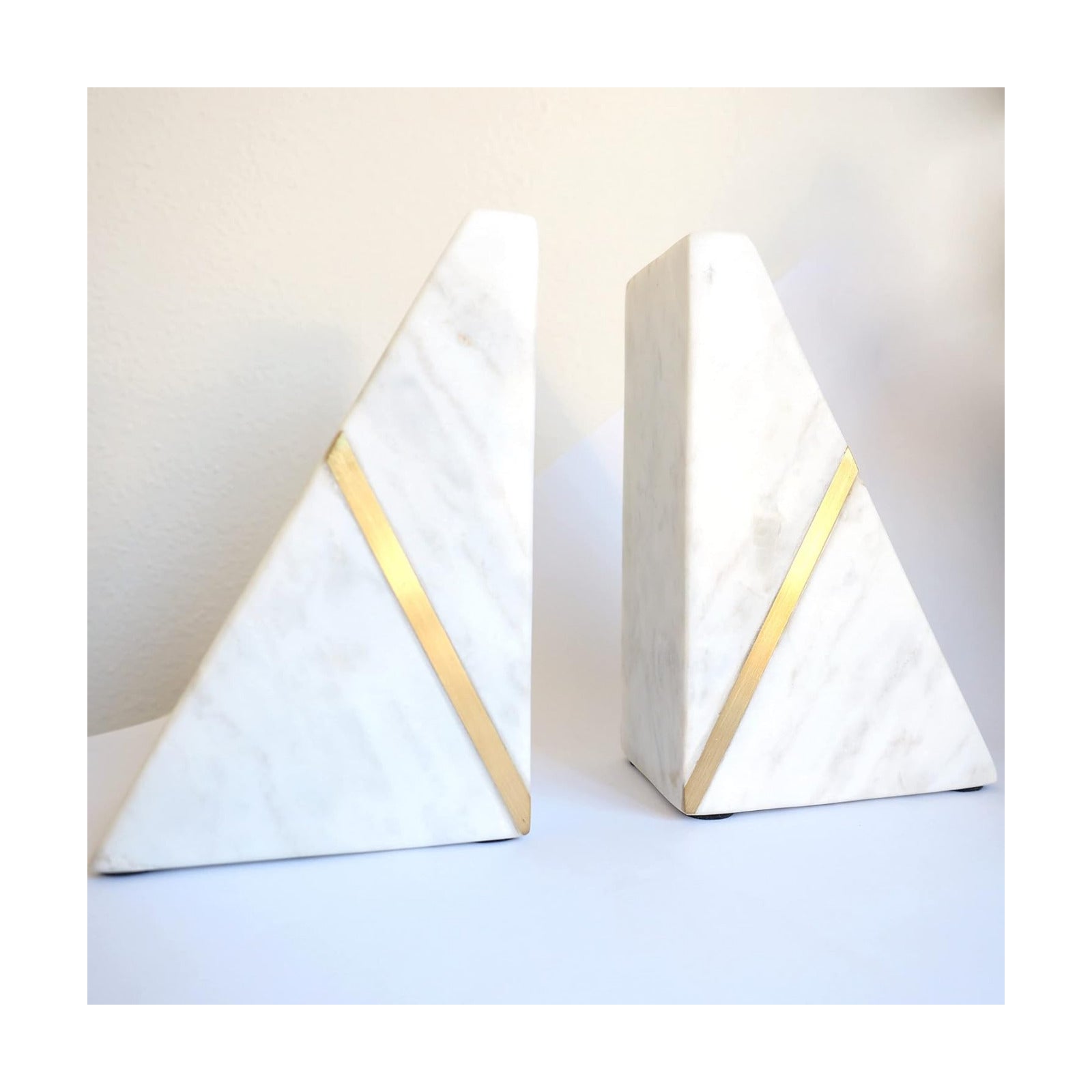 Marble Bookends Handcrafted Heavy Marble Triangular Bookshelf Decor Brass Inlay Set of 2 Decorative Bookends Book
