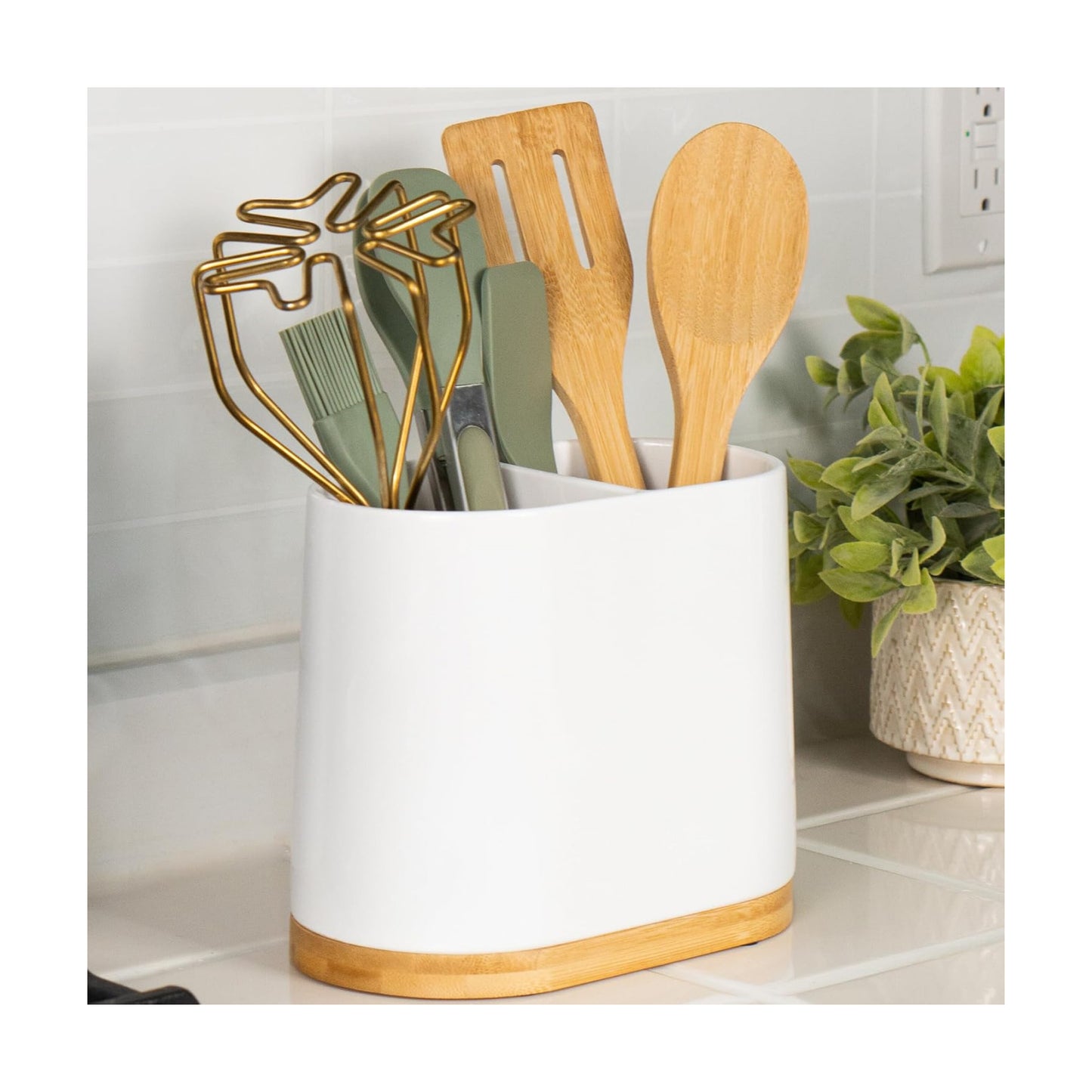 DAILY RITMO® White Large Oval Utensil Holder with Bamboo Wooden Base
