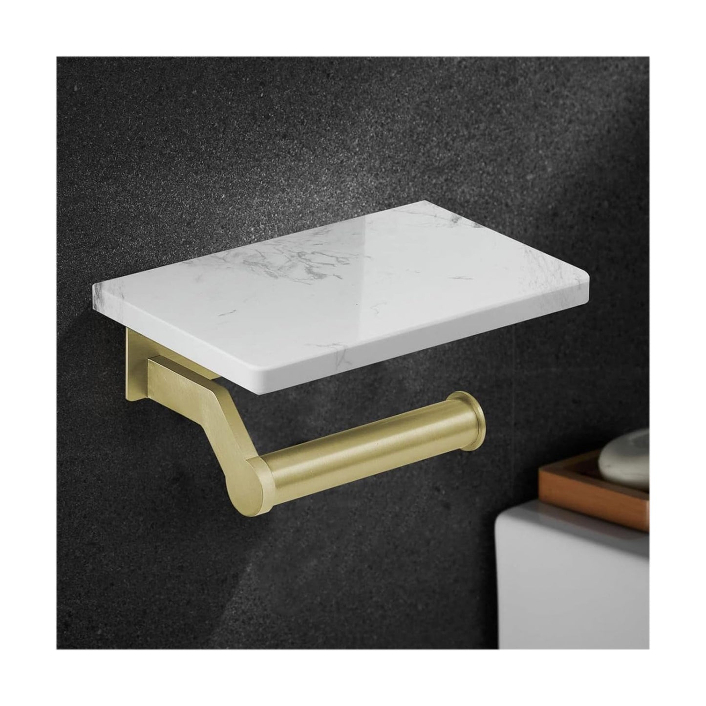 Hoimpro Toilet Paper Holder with Marble Shelf, Wall Mount Brushed Gold | White Natural Marble Phone Shelf Commercial