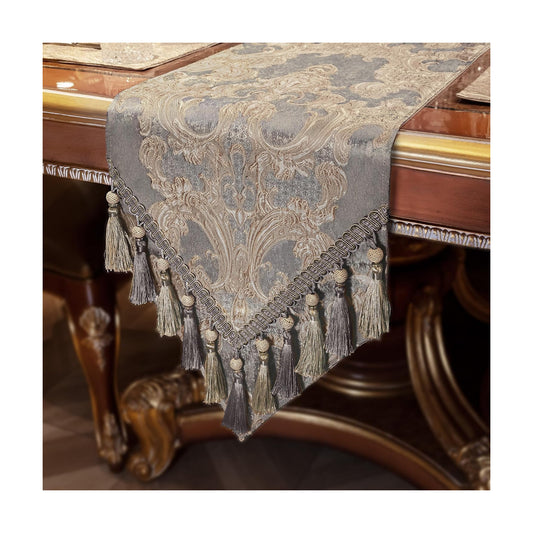 Loom and Mill Luxury Jacquard Damask Table Runner 108 Inches Long, Gray | Elegant Dining Table Runners with Handmade