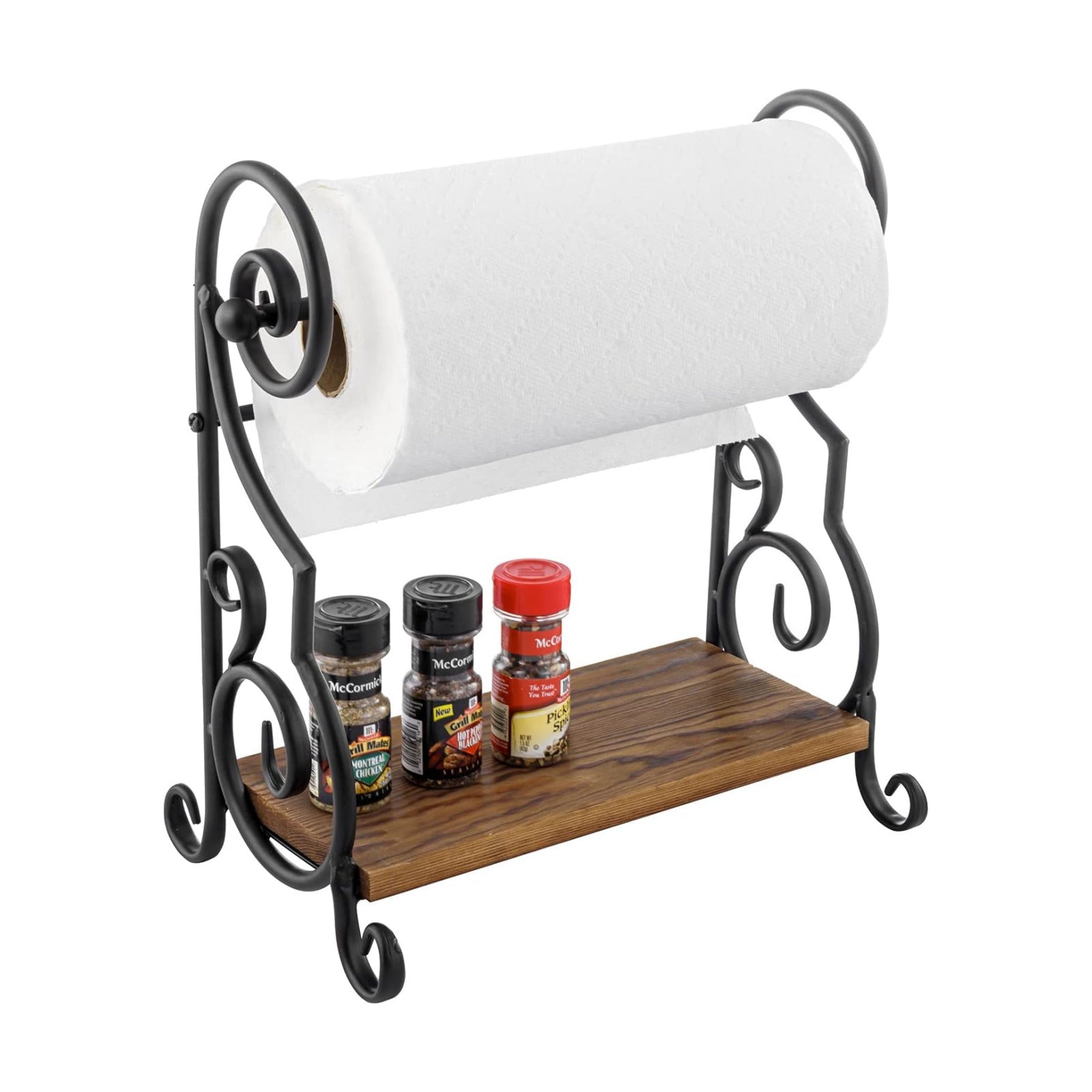 MyGift Black Paper Towel Holder with Rustic Wood Shelf, Countertop Stand | Integrated upper shelf stores spices, oils