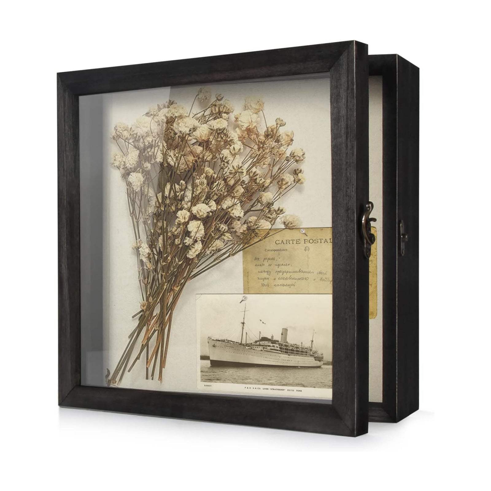 TJ.MOREE Shadow Box 11x11 Memory Display Case Wooden Picture Frame Black | Fits 9.4x9.4 Inserts with Linen Back Rustic