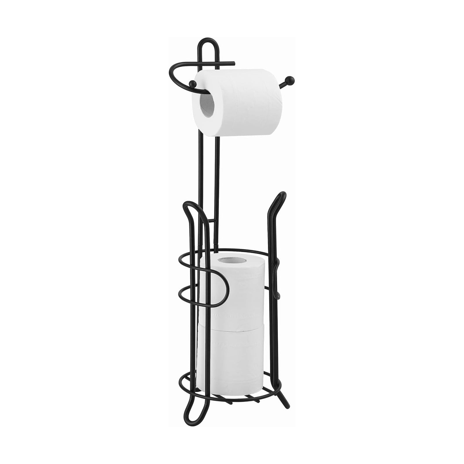 SunnyPoint Freestanding Toilet Paper Holder with Storage – Holds 3 Spare Rolls, Heavy-Duty Steel, Black Finish, Easy