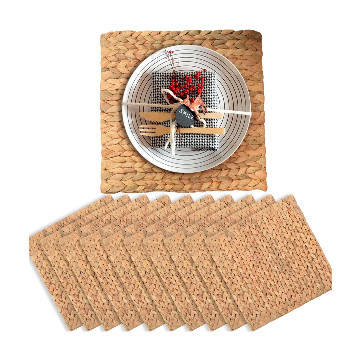 Square Placemats Set of 10, Water Hyacinth Woven Placemats for Dining Table, Boho Rattan Plate Chargers for Dinner