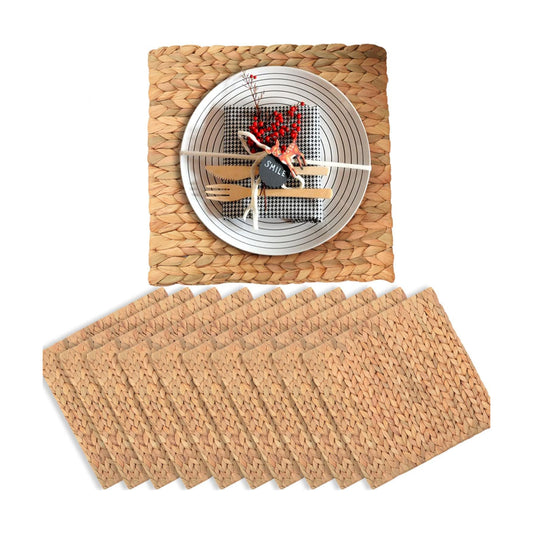 Square Placemats Set of 10, Water Hyacinth Woven Placemats for Dining Table, Boho Rattan Plate Chargers for Dinner